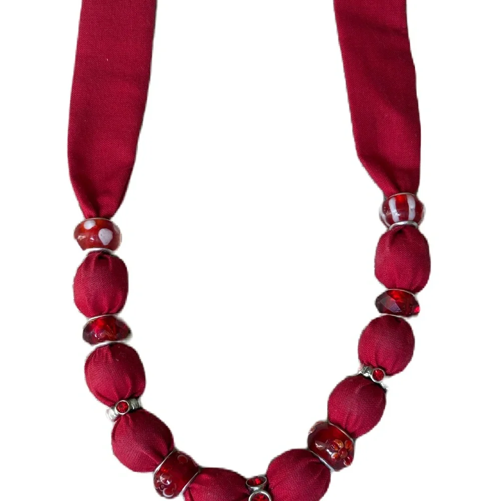 necklace red beaded fabric adjustable self-tie